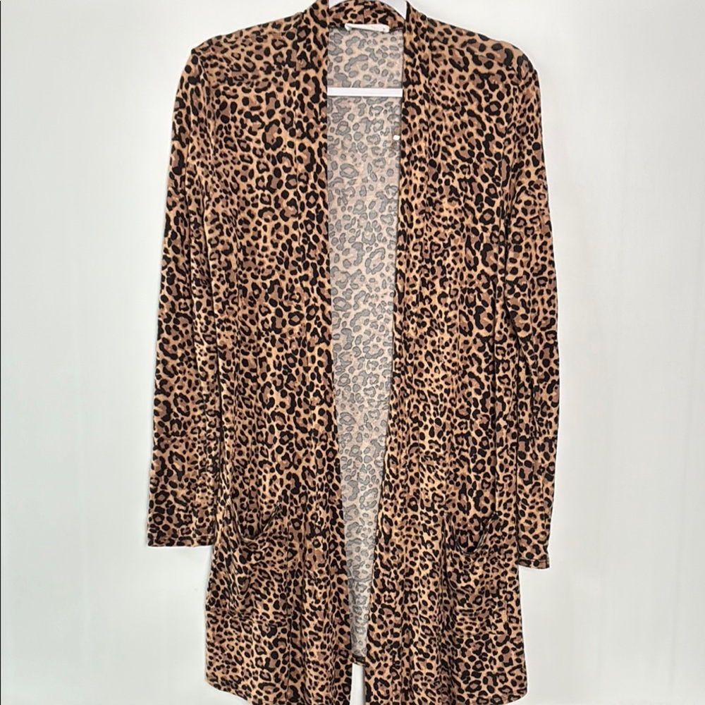 Zenana Leopard Print Open Cardigan with Large Front Pockets- Soft Rayon